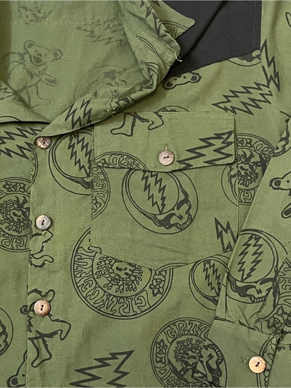 Jayli Grateful Dead Olive Shirt with Black Yoke and SYF, Bertha and Dancing Bear - Picture 2 of 5